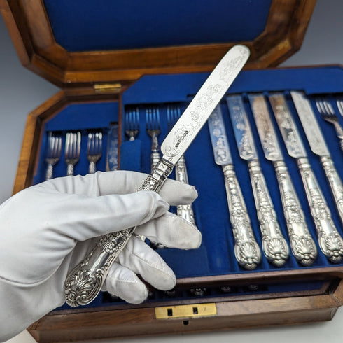 1864 年英國古董純銀甜點餐具 12 對套裝總計 912 克木盒裝 Harrison Brothers & Howson